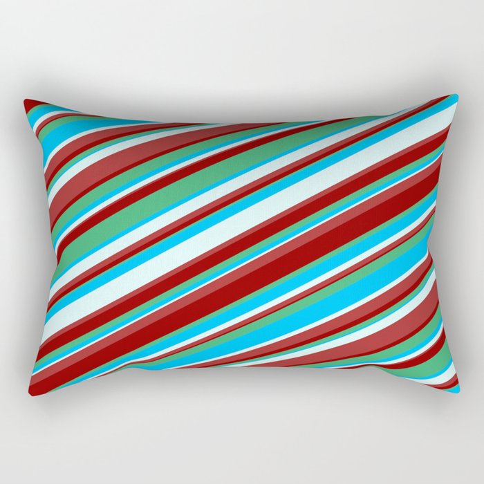 Eyecatching Dark Red, Sea Green, Deep Sky Blue, Light Cyan & Brown Colored Lines/Stripes Pattern Rectangular Pillow