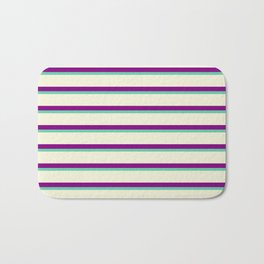 [ Thumbnail: Aquamarine, Beige & Purple Colored Lined Pattern Bath Mat ]