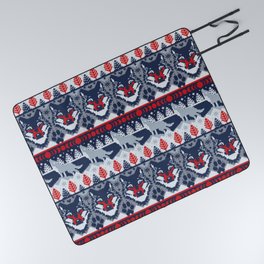 Fair isle knitting grey wolf // navy blue and grey wolves red moons and pine trees Picnic Blanket