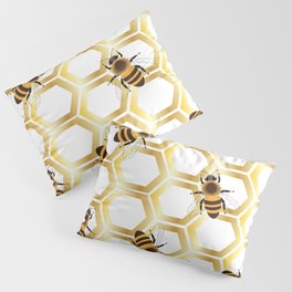  Golden honeycomb with honeybees on a white background. Pillow Sham