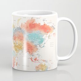 "Explore" - Colorful watercolor world map with cities Coffee Mug