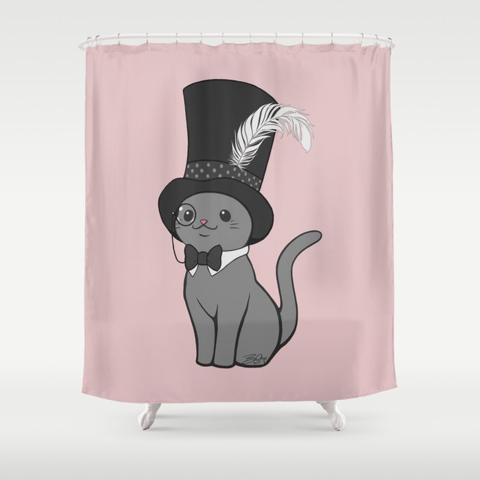 Grey Cat Wears Plumed Top Hat Shower Curtain