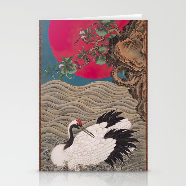 Woodblock art Crane Resting on Waves with Sun Nagamine Seisui   Stationery Cards