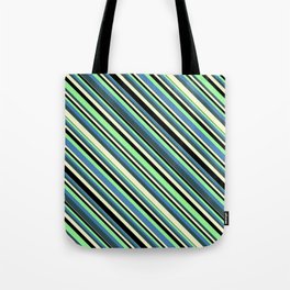 [ Thumbnail: Colorful Green, Blue, Dark Slate Gray, Light Yellow, and Black Colored Stripes/Lines Pattern Tote Bag ]