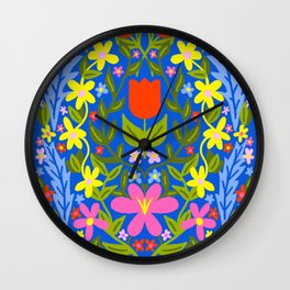 Modern Folk Art Flowers Blue Wall Clock