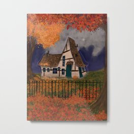 Cozy Autumn Cottage Metal Print | Fall, Cozy, Cottage, Autumn, Forest, Leaves, Graphicdesign, Elizabethan, Witchy, Digital 