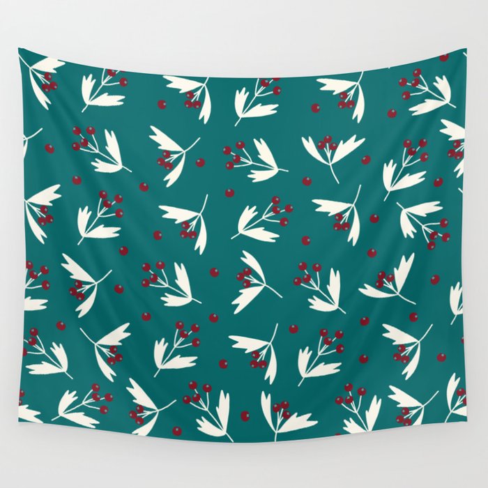 Red Berries on Turquoise Pattern Background Wall Tapestry