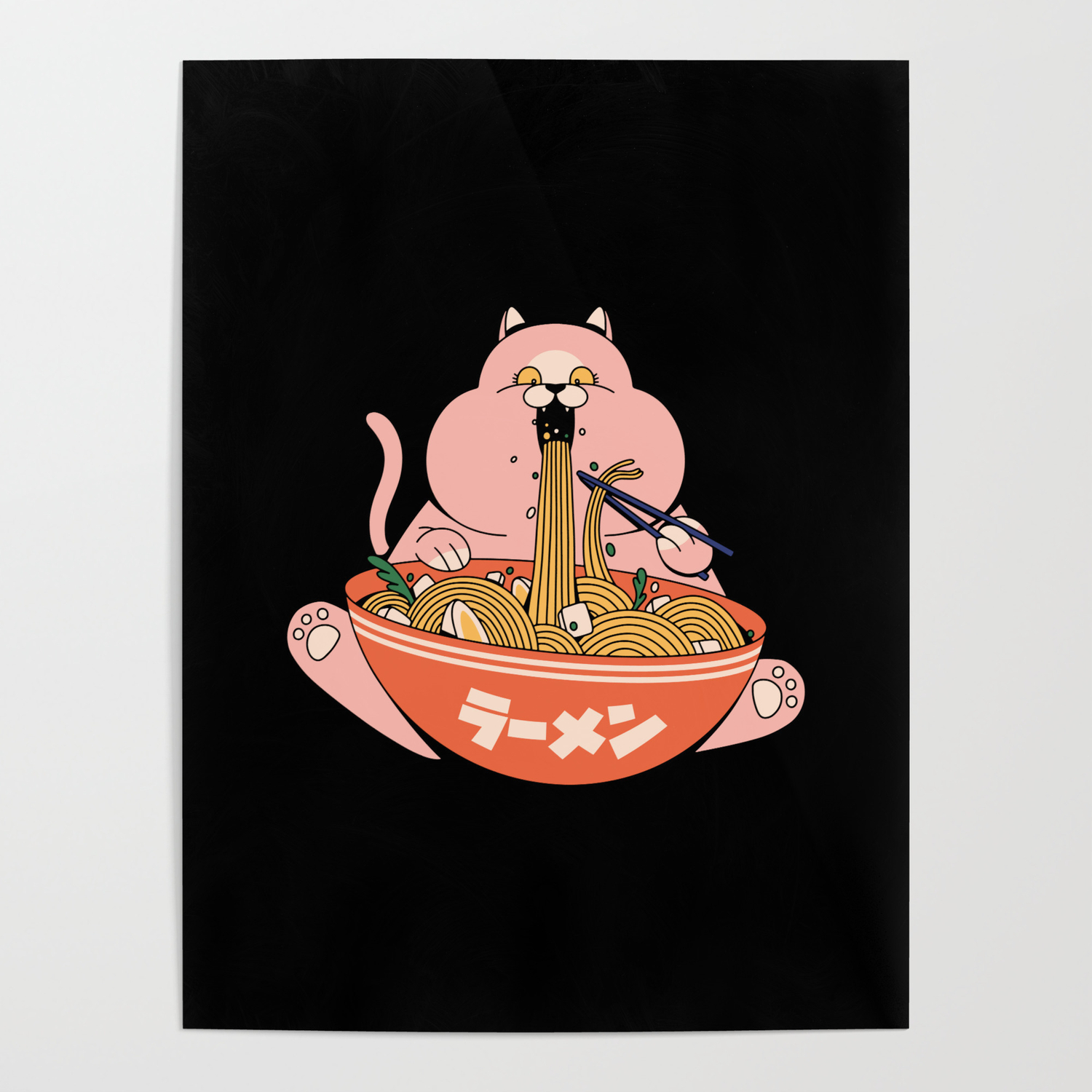 Funny fat ramen noodle cat eating from bowl Poster by Fleur et retro  couleurs pastels | Society6