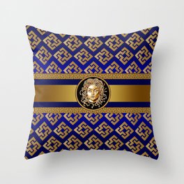 Luxury Medusa Greek Gold & Blue Throw Pillow