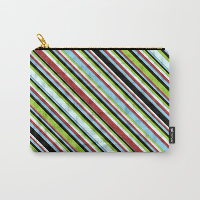 Green, Light Cyan, Brown, Sky Blue & Black Colored Striped Pattern Carry-All Pouch