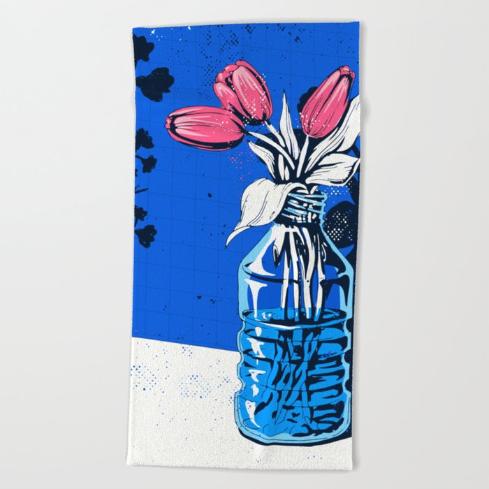 Holland Tulips Bouquet on Cobalt and Delft Blue Beach Towel