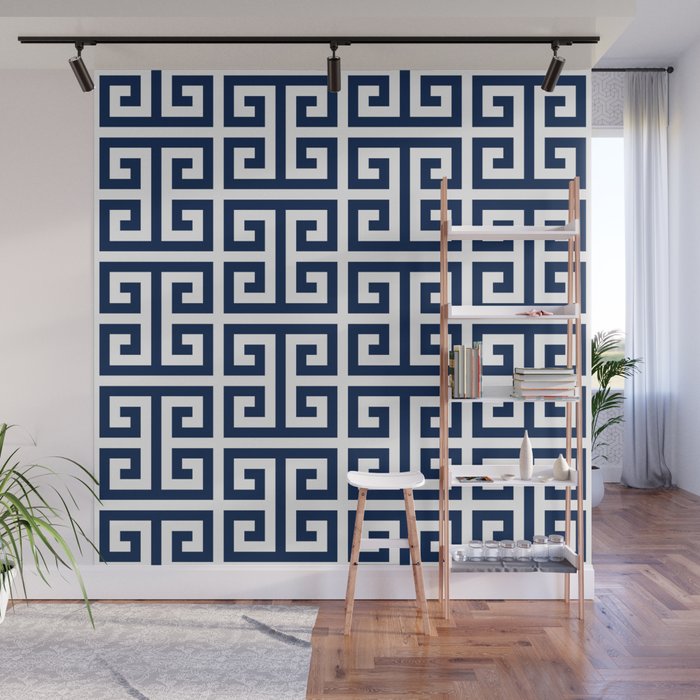 Dark Navy Blue and White Greek Key Pattern Wall Mural by annaleeblysse