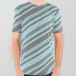 [ Thumbnail: Grey and Powder Blue Colored Lined/Striped Pattern All Over Graphic Tee ]