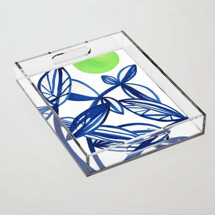Navy blue and lime green abstract leaves Acrylic Tray