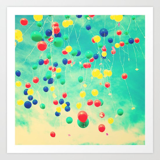 Let your wishes fly (Colour balloons in vintage - retro turquoise sky) Art Print