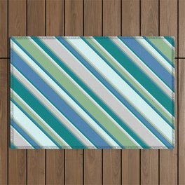 [ Thumbnail: Eye-catching Light Cyan, Light Grey, Dark Sea Green, Blue, and Teal Colored Striped Pattern Outdoor Rug ]