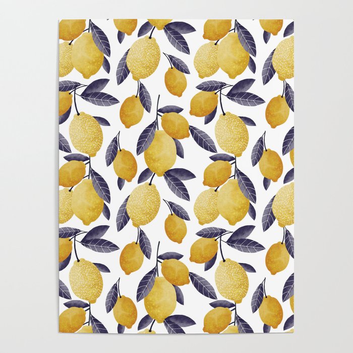 background with creative yellow lemons with blue leaves Poster
