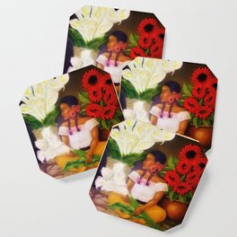 Girl with Calla Lilies and Red Mexican Sunflowers floral portrait painting Coaster