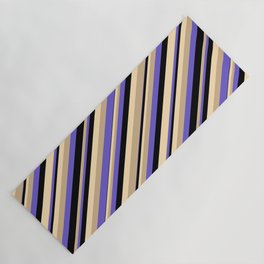 [ Thumbnail: Tan, Slate Blue, Black, and Beige Colored Stripes/Lines Pattern Yoga Mat ]