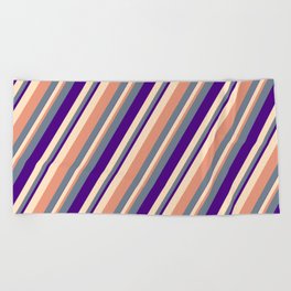 [ Thumbnail: Slate Gray, Indigo, Bisque & Dark Salmon Colored Stripes/Lines Pattern Beach Towel ]