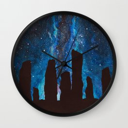 Outlander Craigh Na Dun Standing Stones Watercolor Painting with milky way galaxy Wall Clock