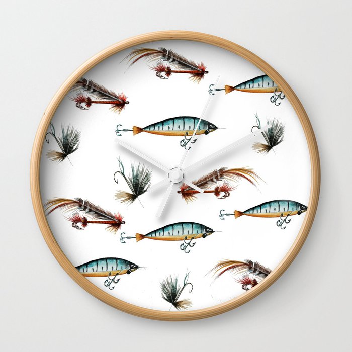 Vintage fishing lures -watercolor Wall Clock by craftberrybush