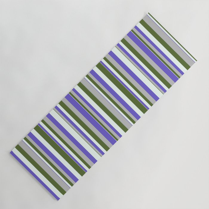 Grey, Slate Blue, Mint Cream & Dark Olive Green Colored Stripes/Lines Pattern Yoga Mat