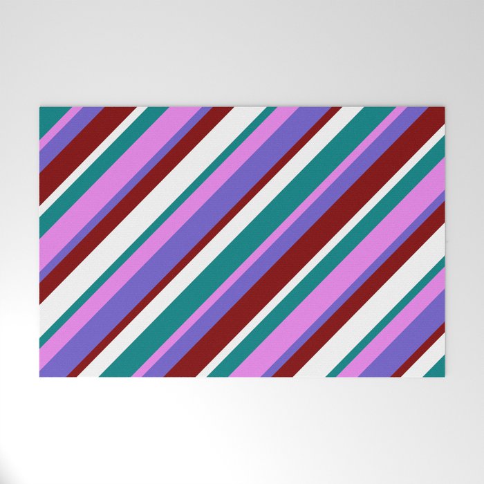 Vibrant Teal, Violet, Slate Blue, Maroon & White Colored Pattern of Stripes Welcome Mat