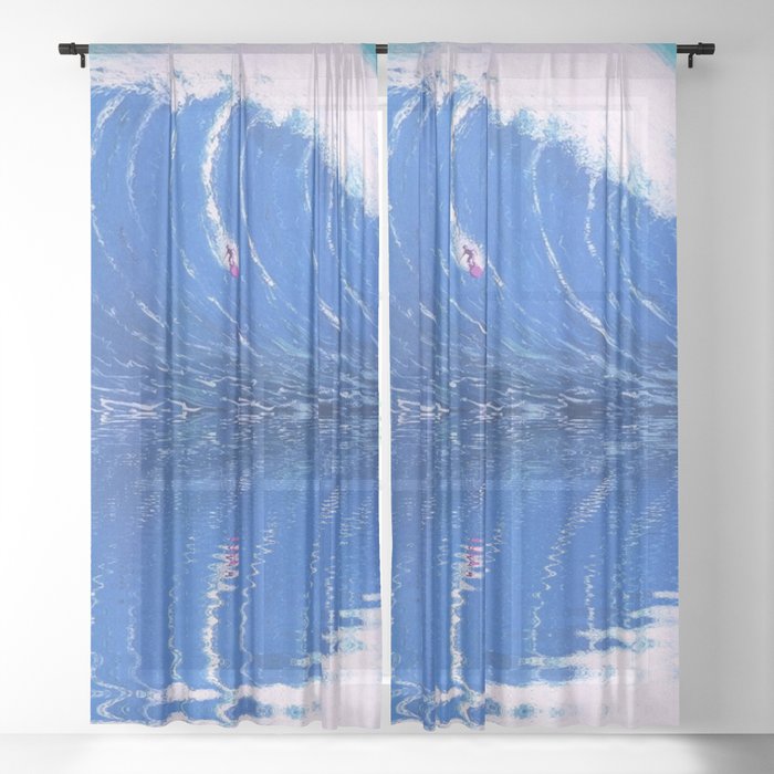 Extreme surfing pipeline wave with mirrored reflection oregon, hawaii, florida, portugal, nazare, honolulu surfer landsccape painting in ocean blue Sheer Curtain
