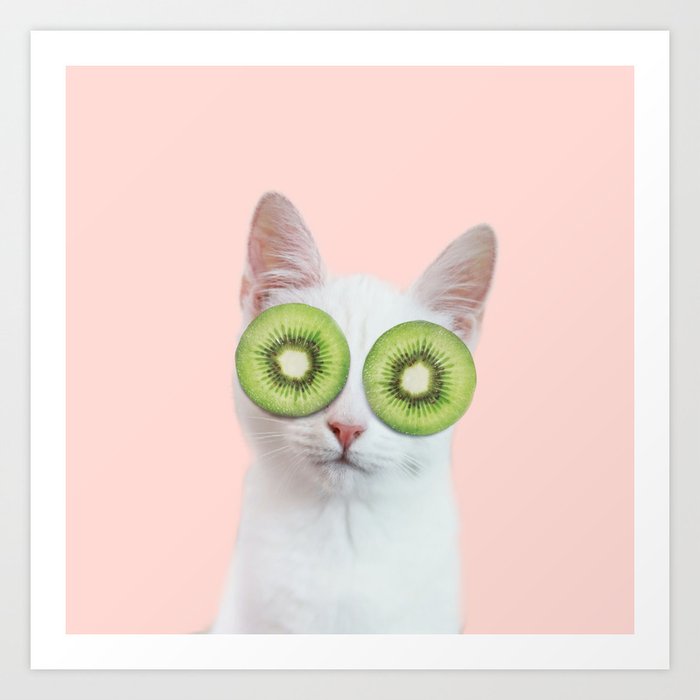 Relaxing cat with fruits mask in pink Art Print