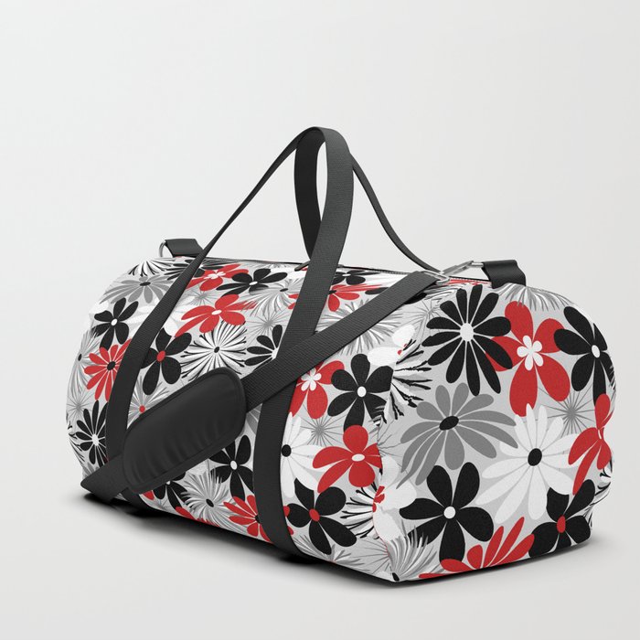 Funky Flowers in Red Gray Black and White Duffle Bag by Elsys