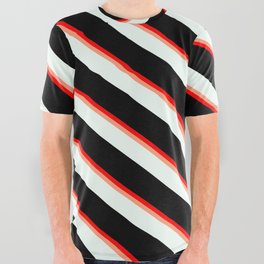 [ Thumbnail: Red, Light Salmon, Mint Cream, and Black Colored Pattern of Stripes All Over Graphic Tee ]