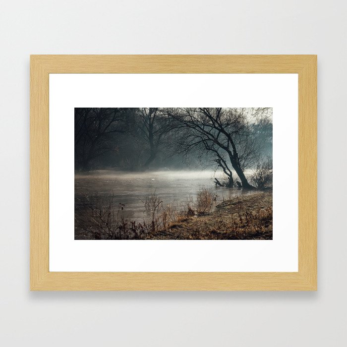 Morning fog, river and sunrise Framed Art Print