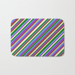 [ Thumbnail: Colorful Cornflower Blue, Dark Orchid, Brown, Beige & Green Colored Lined/Striped Pattern Bath Mat ]