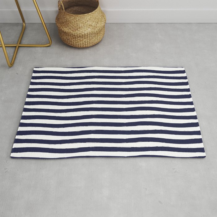 Navy Blue And White Horizontal Stripes Rug By Seafoam12