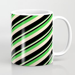 [ Thumbnail: Lime Green, Bisque & Black Colored Lines Pattern Coffee Mug ]