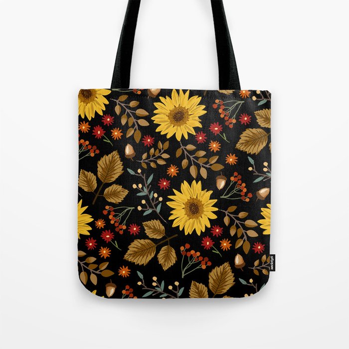 Autumn sunflowers with black background pattern. Maple leaves, sunflowers, flowers ditsy.  Tote Bag
