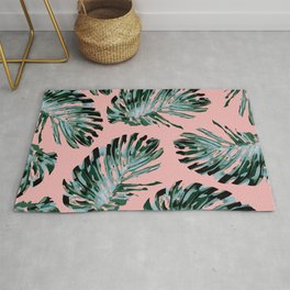 Pink and Green Tropical Leaf Print Area & Throw Rug