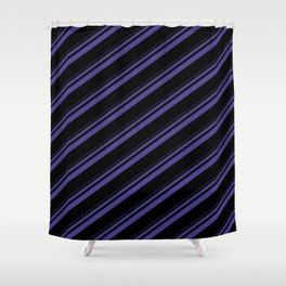 [ Thumbnail: Dark Slate Blue and Black Colored Striped Pattern Shower Curtain ]