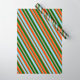 [ Thumbnail: Dark Green, Sky Blue, and Red Colored Striped Pattern Wrapping Paper ]