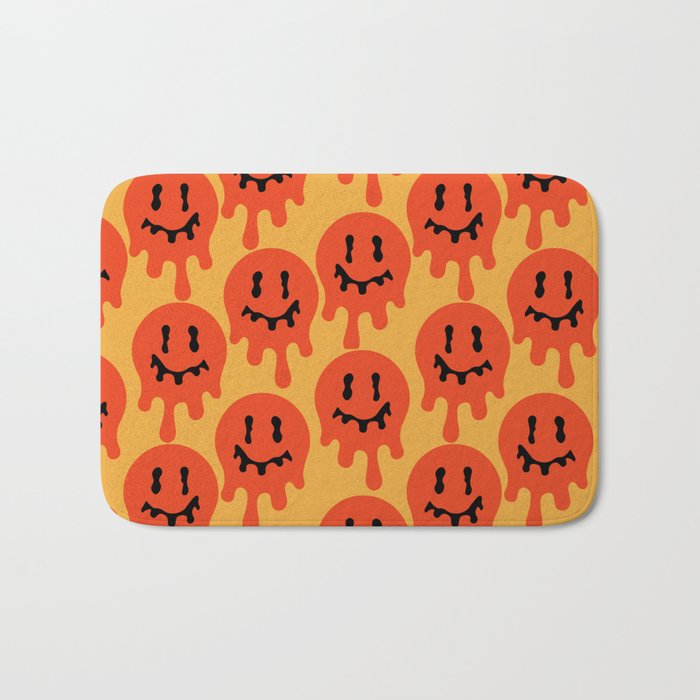 Melted Smiley Faces Trippy Seamless Pattern - Red Bath Mat