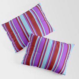 [ Thumbnail: Sky Blue, Dark Orchid, and Dark Red Colored Pattern of Stripes Pillow Sham ]