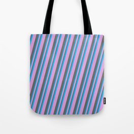 [ Thumbnail: Plum, Dim Gray, and Deep Sky Blue Colored Striped Pattern Tote Bag ]