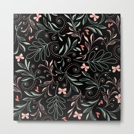 Butterflies and Leaves in Pink, Coral, Mint on Black Metal Print | Florals, Dots, Leaves, Butterfly, Drawing, Butterflies, Mint, Leaf, Floraldesigns, Black 