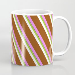 [ Thumbnail: Vibrant Green, White, Brown, Violet, and Black Colored Lines/Stripes Pattern Coffee Mug ]