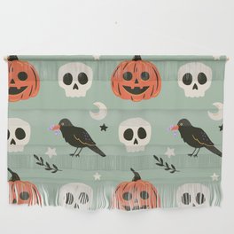 Halloween seamless pattern with ravens, skulls and pumpkin. Cute spooky illustration. Trick or treat holiday background. Hand drawn endless texture Wall Hanging