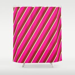[ Thumbnail: Tan, Deep Pink, Brown & Dark Green Colored Stripes/Lines Pattern Shower Curtain ]