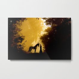 Magical Forest with a Lady and a Unicorn Metal Print | Magical, Woods, Antlers, Horn, Silhouette, Forest, Mythicalcreature, Mystical, Lady, Unicorn 