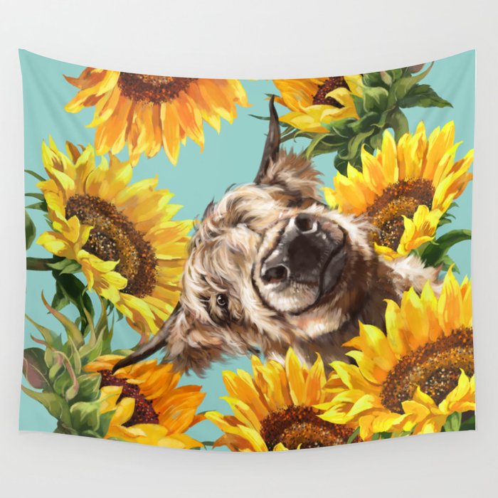Highland Cow with Sunflowers in Blue Wall Tapestry