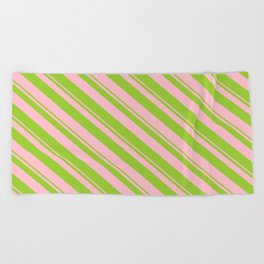 [ Thumbnail: Green & Pink Colored Stripes Pattern Beach Towel ]